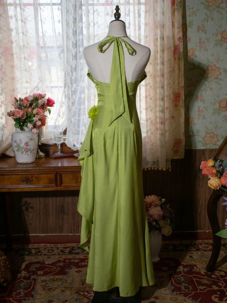 Green Halter Floral Prom Gown Vintage Party Dress Evening Dress - View 3 | FashionDia