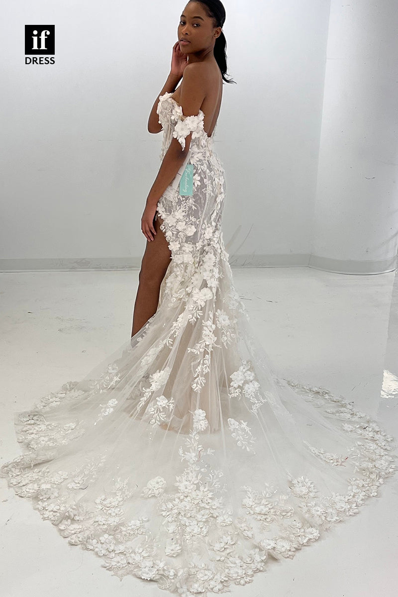 31666 - Illusion V-neck 3D Lace Bohemian Wedding Dress with Slit
