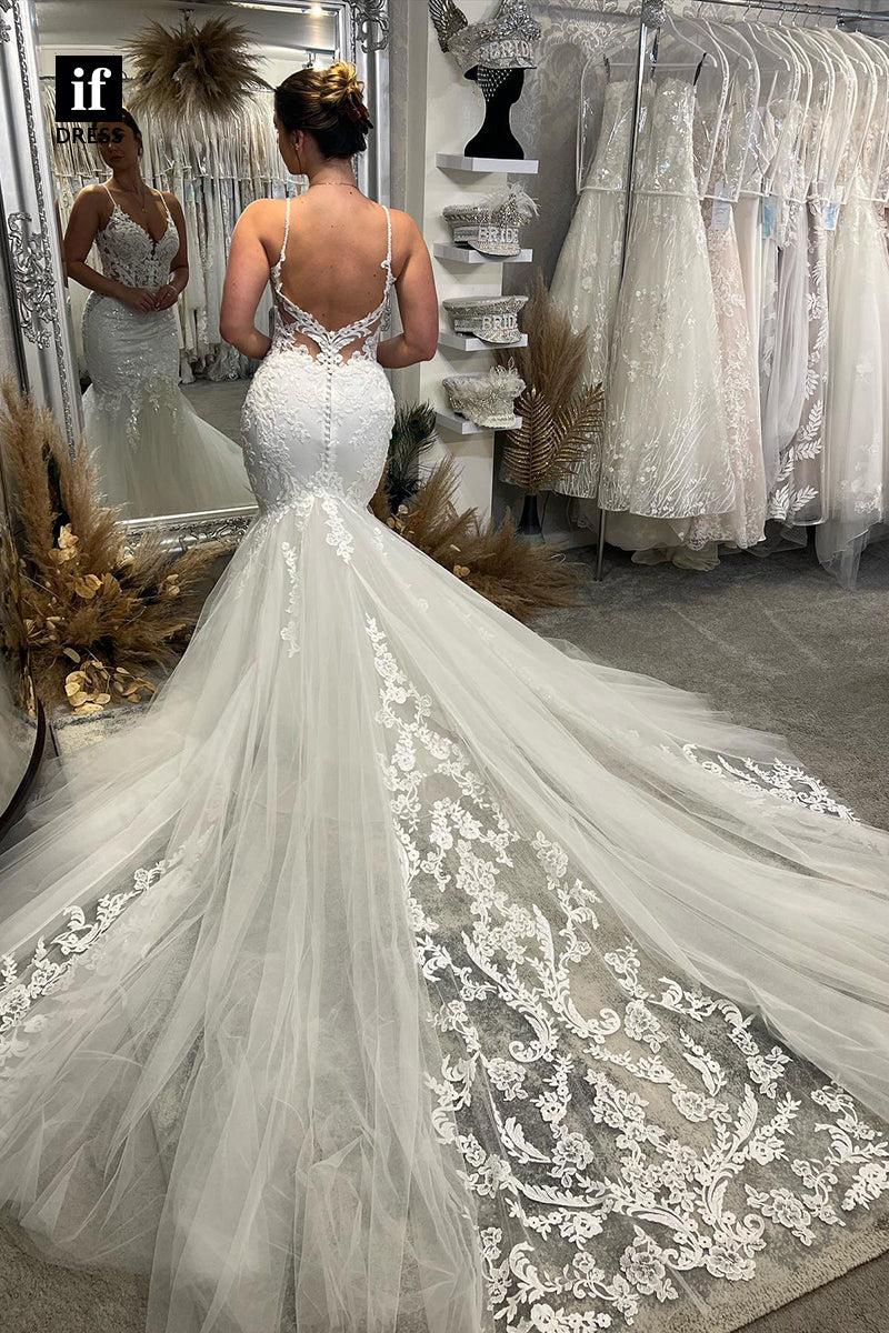 31564 - Classic Spaghetti Straps V-Neck Mermaid Appliques Wedding Dress