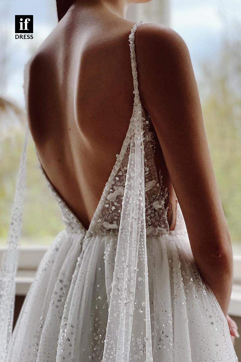 31684 - A Line V-neck Beaded Lace Rustic Bohemian Wedding Dress