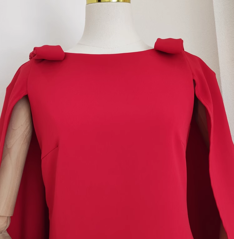 Cute A-Line Boat Neckline Red Satin Short Homecoming Dresses Birthday Outfits With Cape - View 3 | FashionDia
