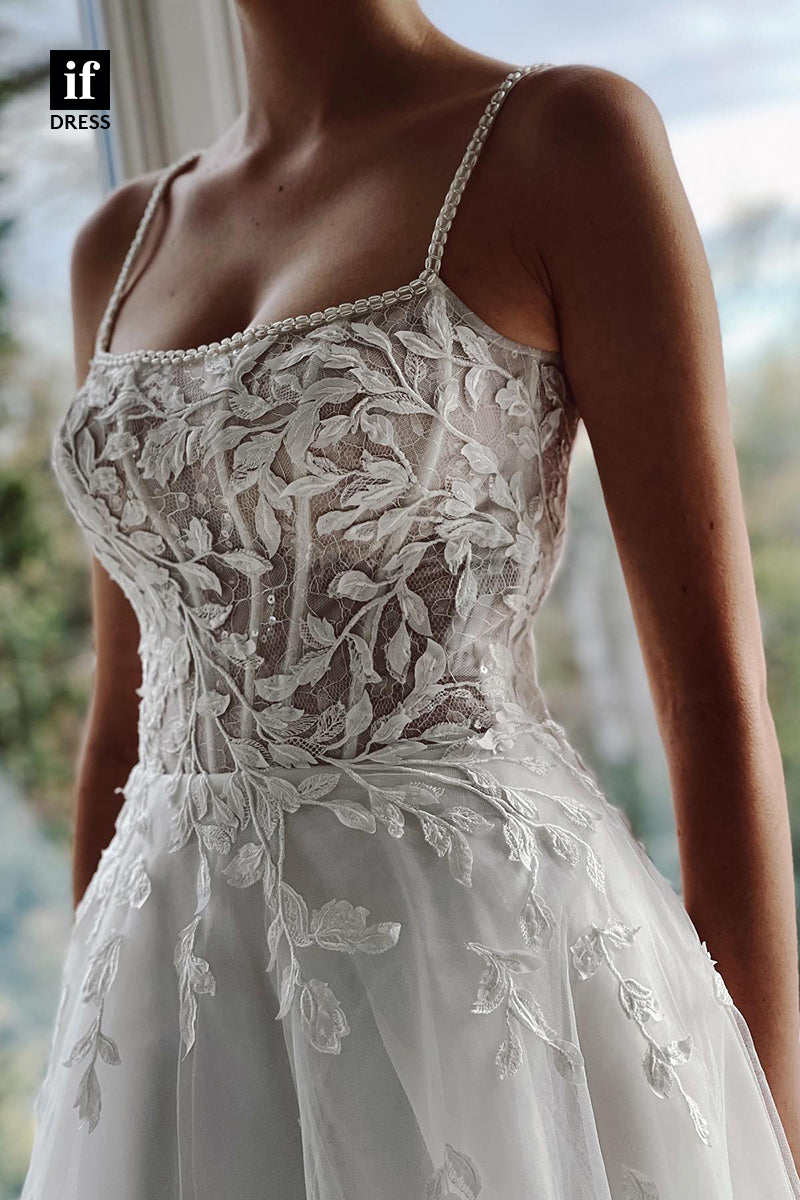 31682 - Spaghetti Straps Square Appliques A Line Romantic Bohemian Wedding Dress