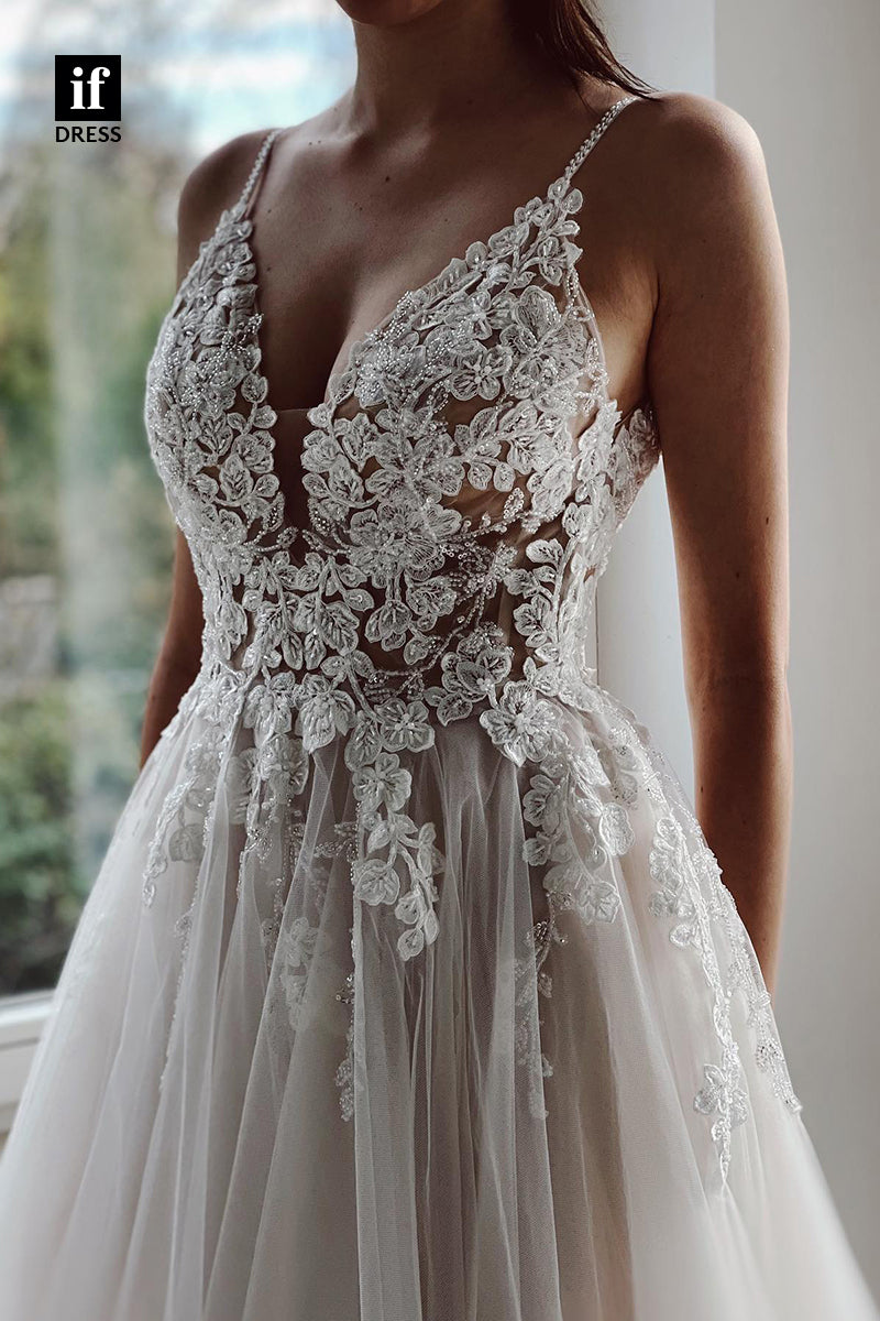 31683 - A Line V-neck Lace Appliques Rustic Wedding Dress