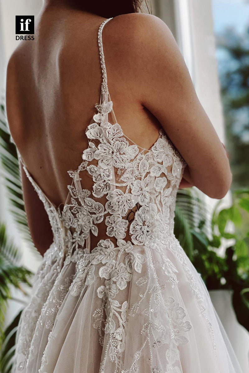 31683 - A Line V-neck Lace Appliques Rustic Wedding Dress