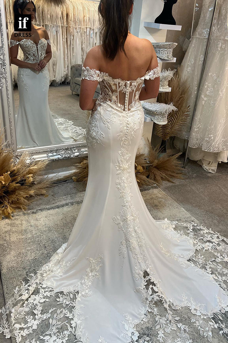 31565 - Charming Off-Shoulder Sweetheart Appliques Mermaid Wedding Dress