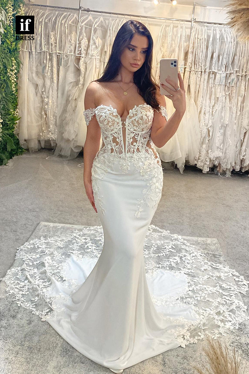 31565 - Charming Off-Shoulder Sweetheart Appliques Mermaid Wedding Dress