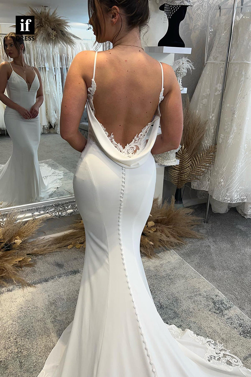 31500 - Illusion Spaghetti Straps V-Neck Satin Appliques Mermaid Wedding Dress