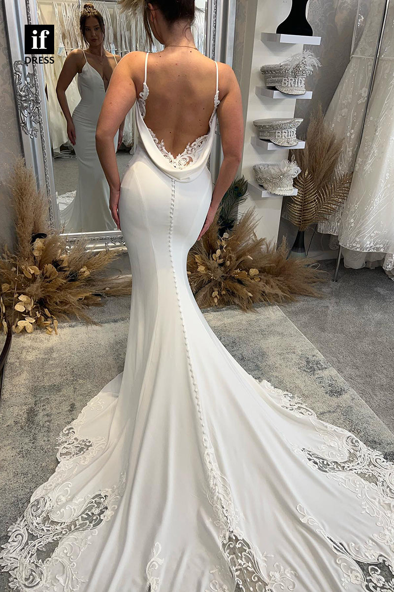 31500 - Illusion Spaghetti Straps V-Neck Satin Appliques Mermaid Wedding Dress