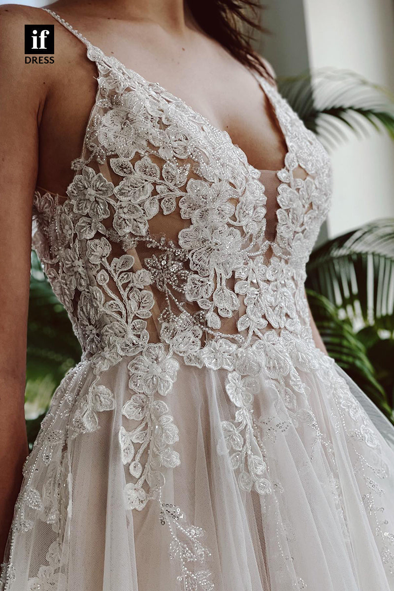 31683 - A Line V-neck Lace Appliques Rustic Wedding Dress
