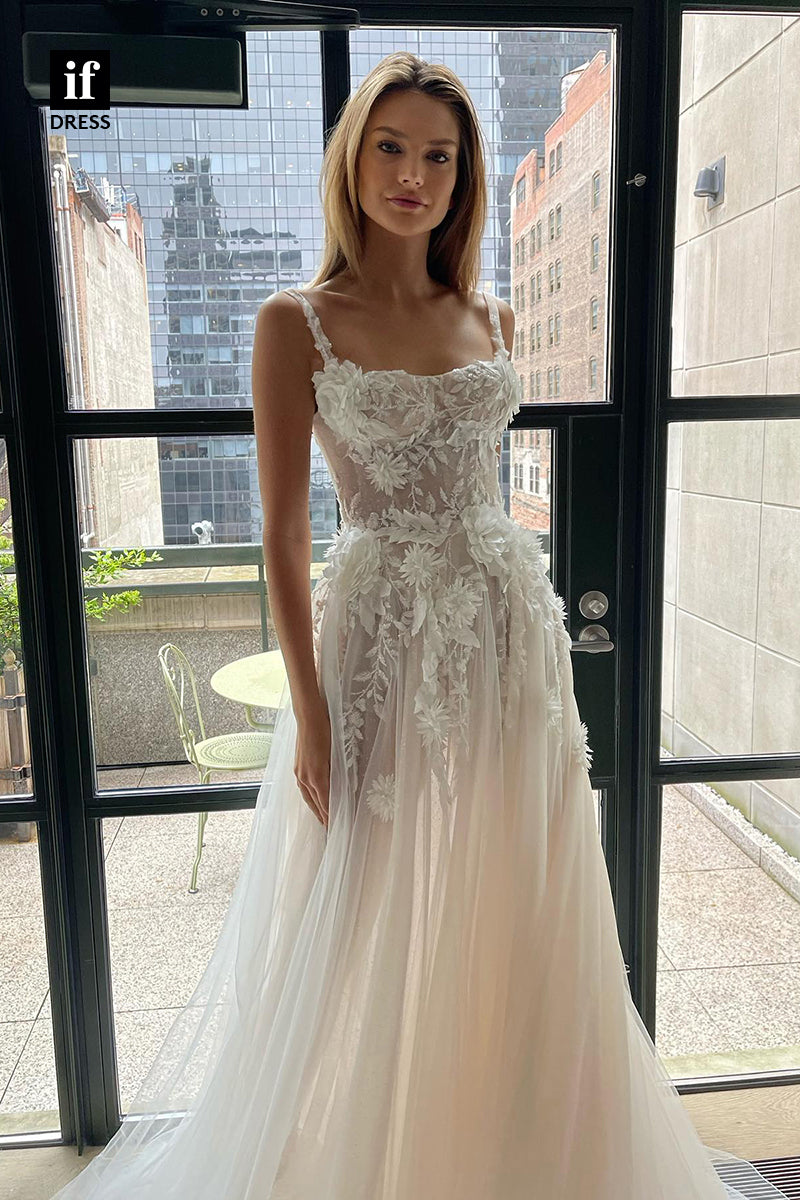 31503 - Glamorous Spaghetti Straps Tulle Appliques Wedding Dress