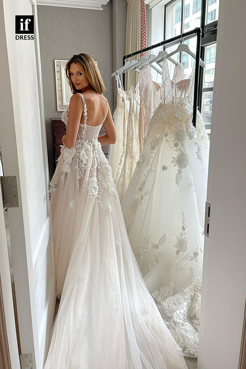 31503 - Glamorous Spaghetti Straps Tulle Appliques Wedding Dress