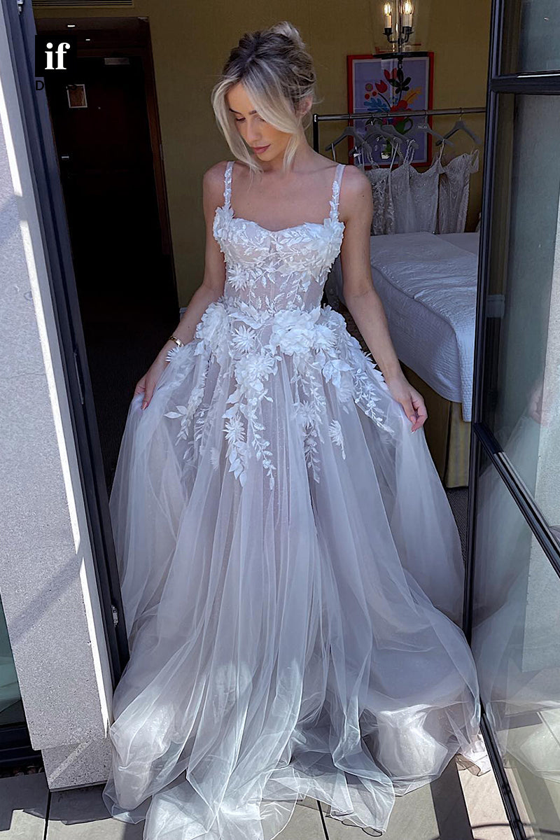31503 - Glamorous Spaghetti Straps Tulle Appliques Wedding Dress