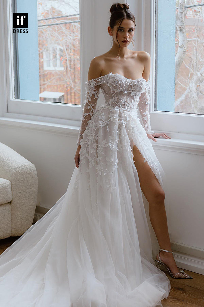 31504 - Sexy Off-Shoulder Tulle Lace Appliques Illusion Wedding Dress