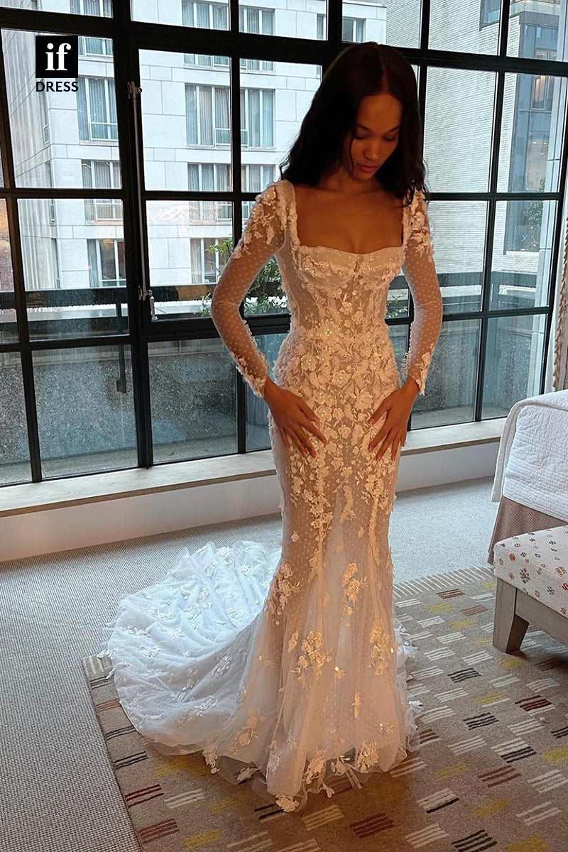 31510 - Illusion Mermaid Long Sleeves Tulle Appliques Boho Wedding Dress