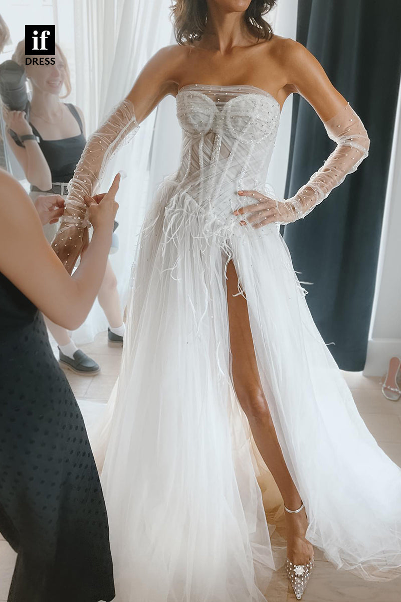 31512 - Elegant A-Line Off-Shoulder Long Sleeves Beaded Tulle Wedding Dress