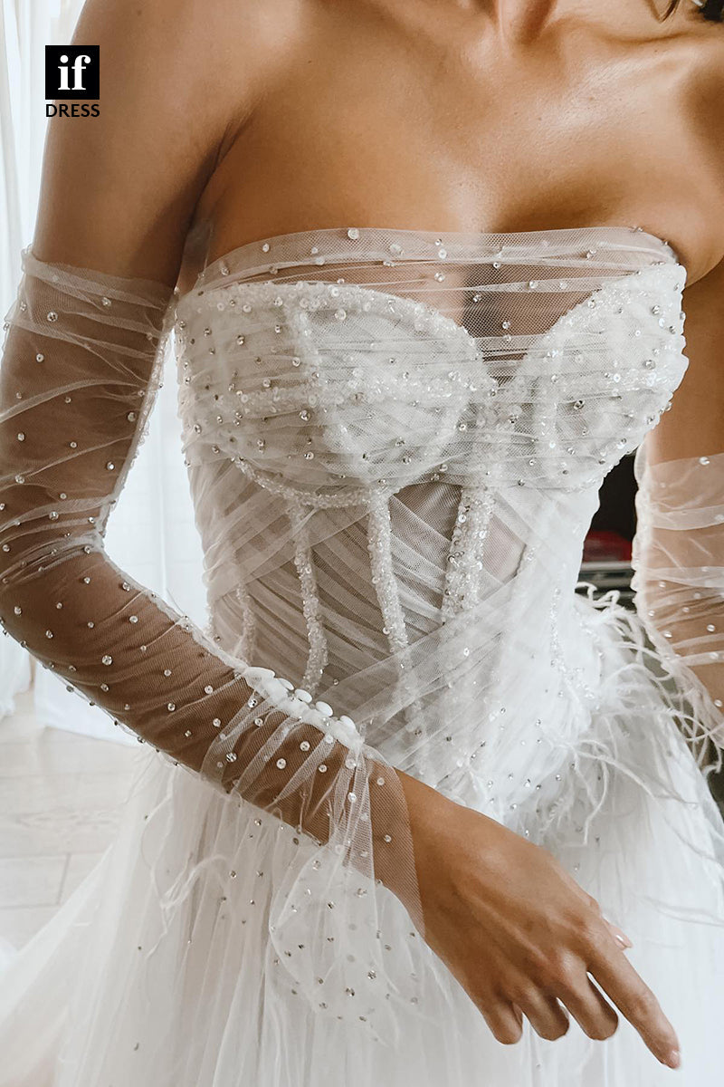 31512 - Elegant A-Line Off-Shoulder Long Sleeves Beaded Tulle Wedding Dress