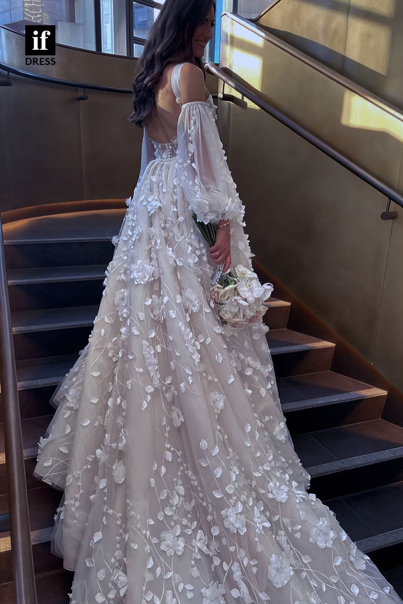 31513 - Romantic Long Sleeves Straps Backless Appliques Tulle Wedding Dress