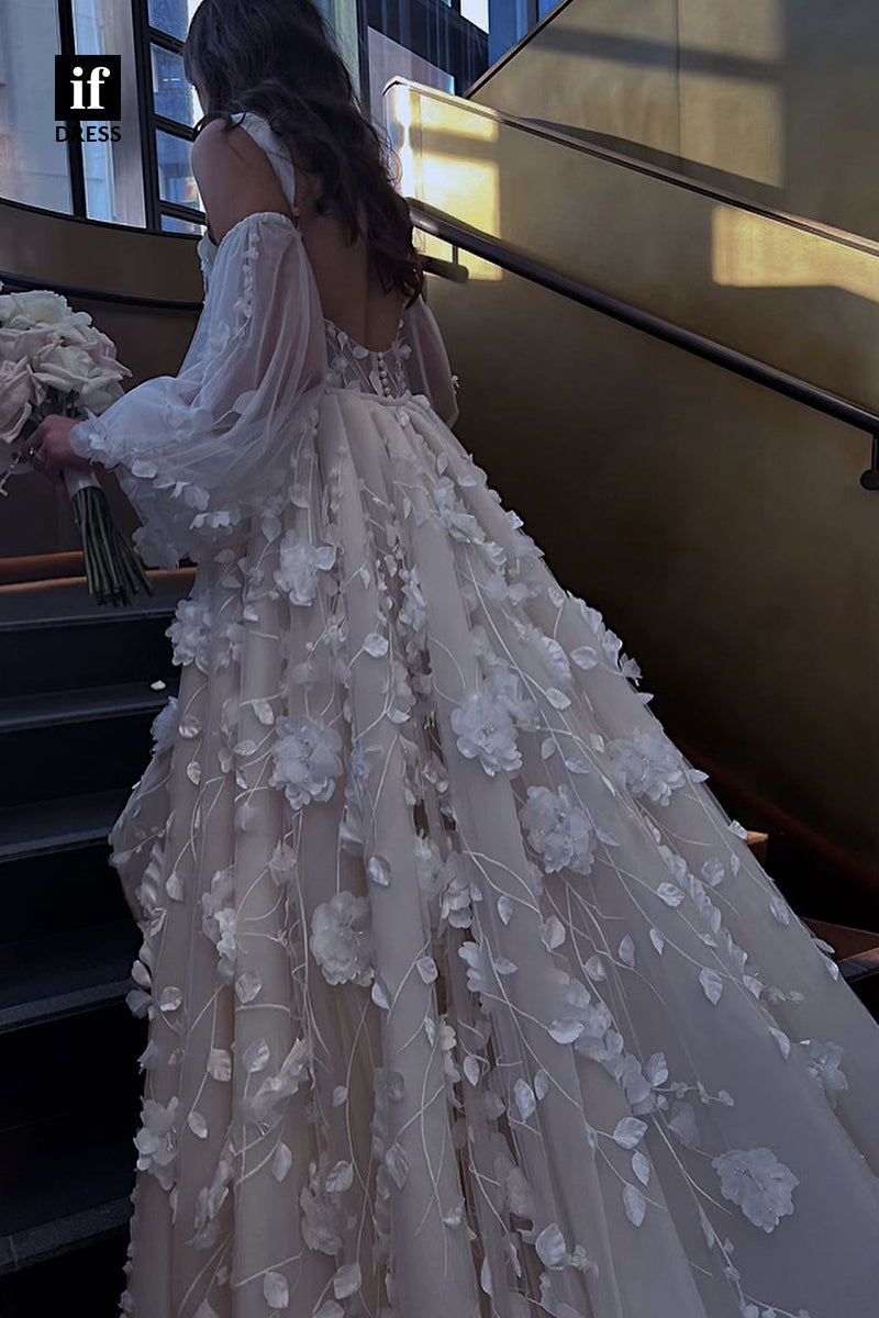 31513 - Romantic Long Sleeves Straps Backless Appliques Tulle Wedding Dress