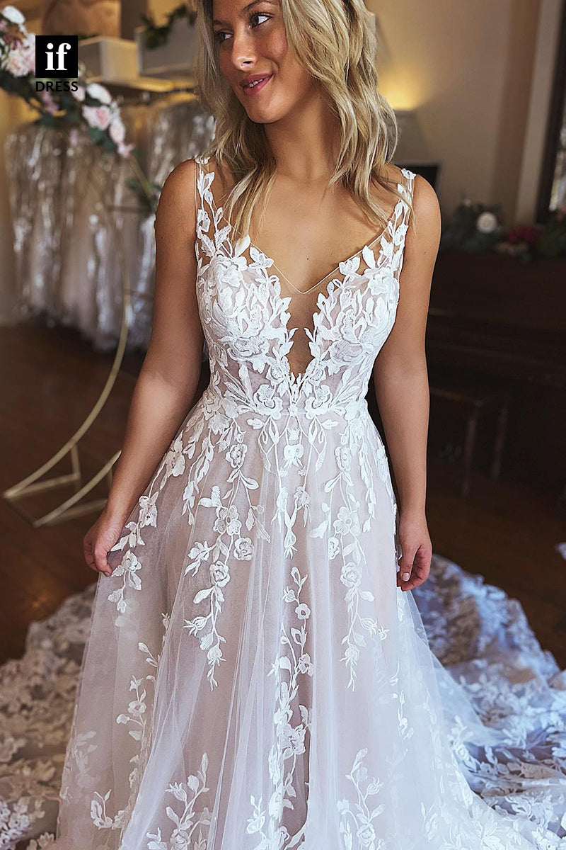 31515 - Attractive A-Line V-Neck Straps Appliques Tulle Wedding Dress