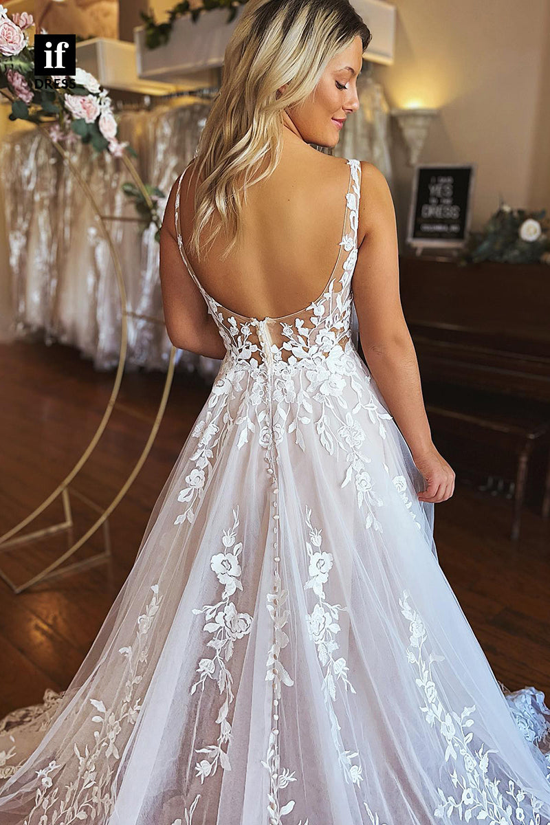 31515 - Attractive A-Line V-Neck Straps Appliques Tulle Wedding Dress