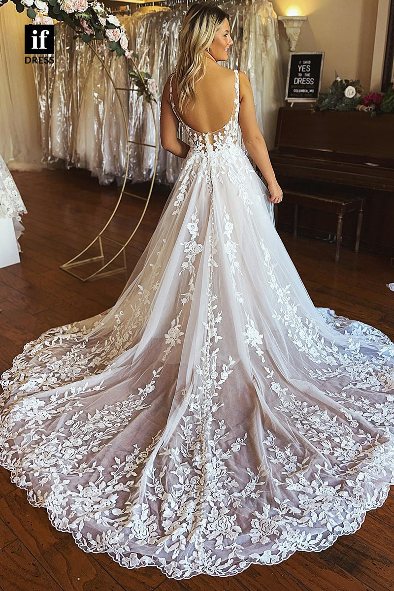 31515 - Attractive A-Line V-Neck Straps Appliques Tulle Wedding Dress