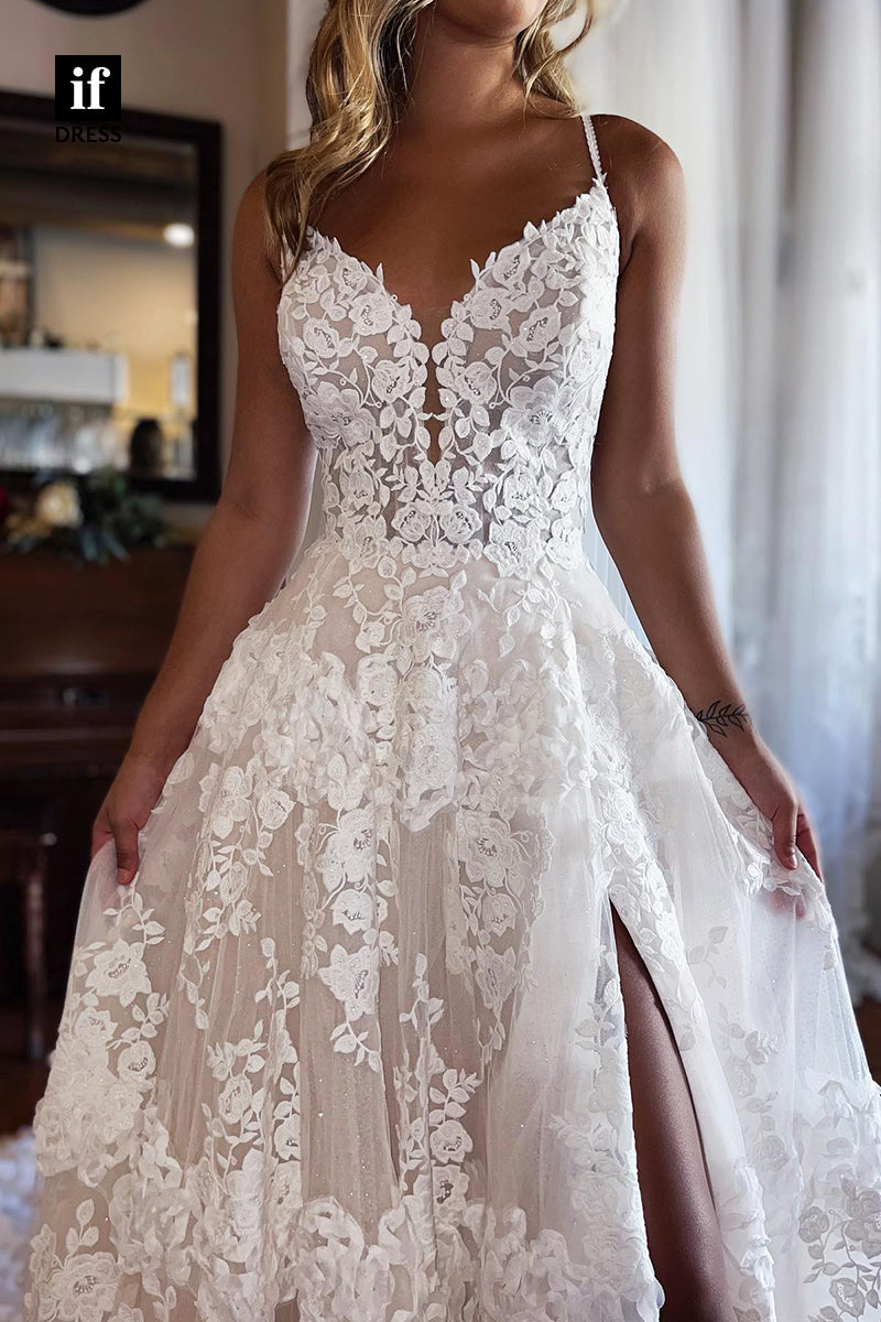 31516 - Romantic Spaghetti Straps V-Neck Tulle Appliques Wedding Dress