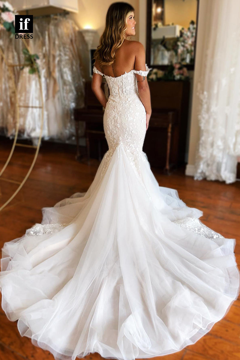 31517 - Trumpet V-Neck Straps Tulle Lace Appliques Wedding Dress