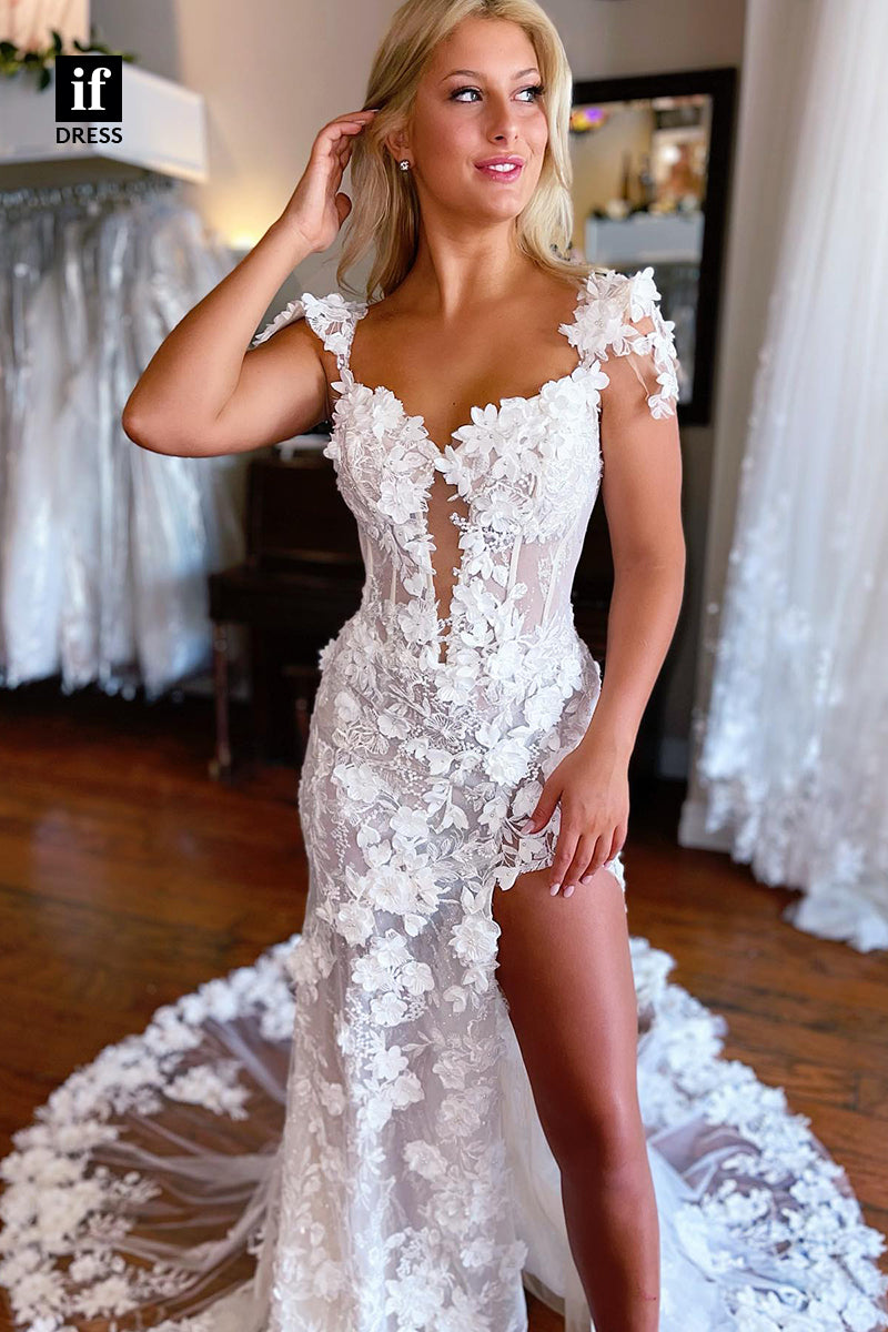 31518 - Classic Straps V-Neck Backless Illusion Wedding Dress
