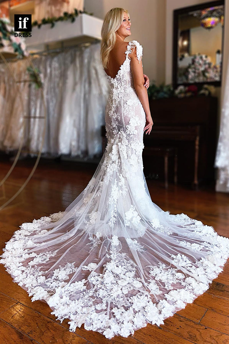 31518 - Classic Straps V-Neck Backless Illusion Wedding Dress