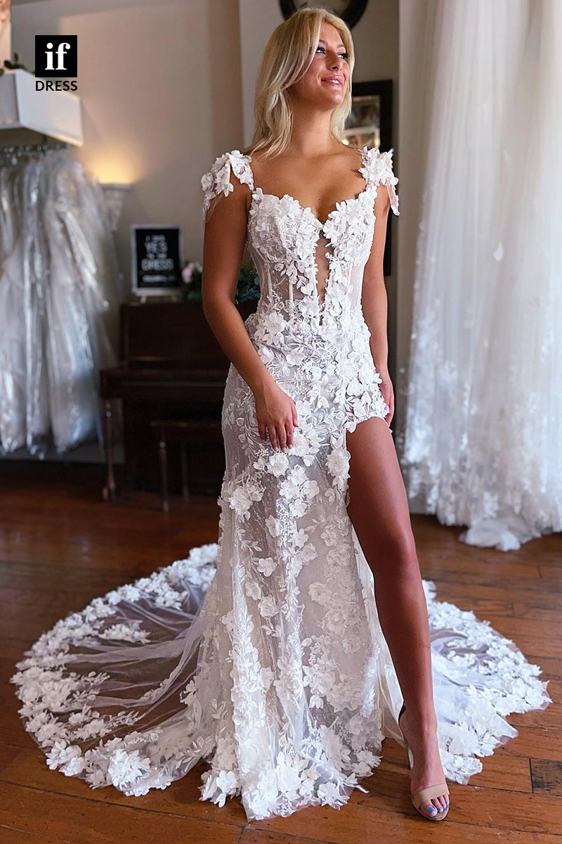 31518 - Classic Straps V-Neck Backless Illusion Wedding Dress