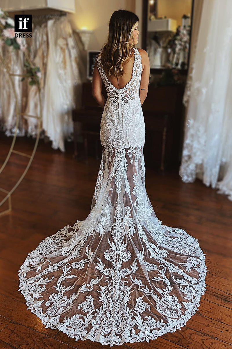 31519 - Elegant V-Neck Appliques Tulle Split Wedding Dress