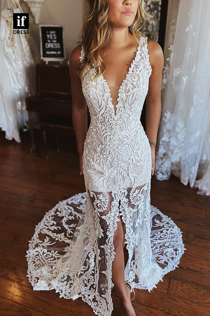 31519 - Elegant V-Neck Appliques Tulle Split Wedding Dress