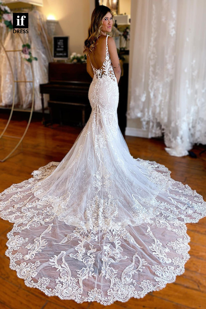 31520 - Illusion Spaghetti Straps V-Neck Tulle Appliques Trumpet Wedding Dress