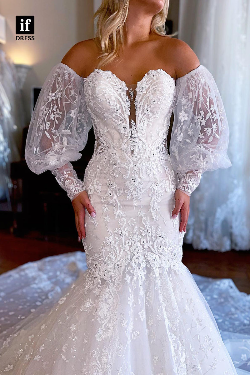31522 - Attractive Off-Shoulder Sweetheart Long Sleeves Appliques Wedding Dress