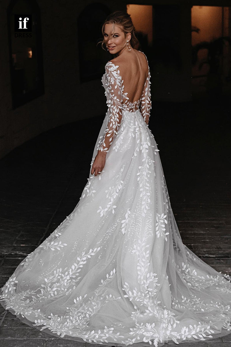 31523 - Elegant Backless V-Neck Long Sleeves Appliques Illusion Wedding Dress