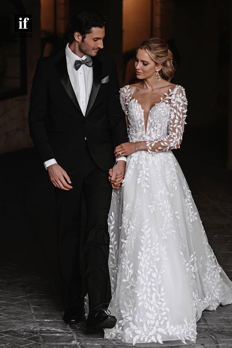 31523 - Elegant Backless V-Neck Long Sleeves Appliques Illusion Wedding Dress