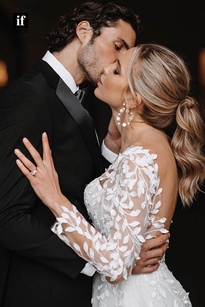 31523 - Elegant Backless V-Neck Long Sleeves Appliques Illusion Wedding Dress