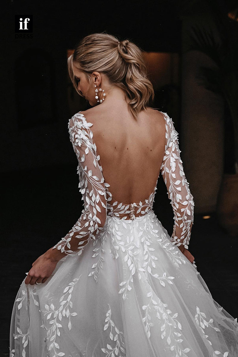 31523 - Elegant Backless V-Neck Long Sleeves Appliques Illusion Wedding Dress