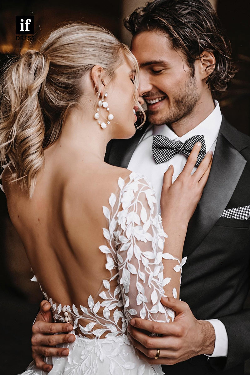 31523 - Elegant Backless V-Neck Long Sleeves Appliques Illusion Wedding Dress