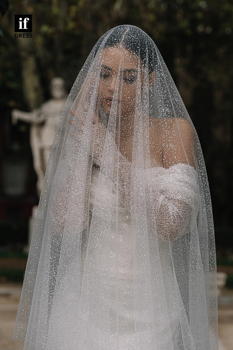 31524 - Romantic Off-Shoulder Scoop Long Sleeves Sequins Tulle Wedding Dress
