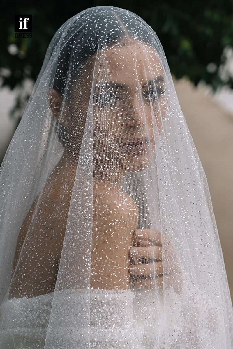 31524 - Romantic Off-Shoulder Scoop Long Sleeves Sequins Tulle Wedding Dress
