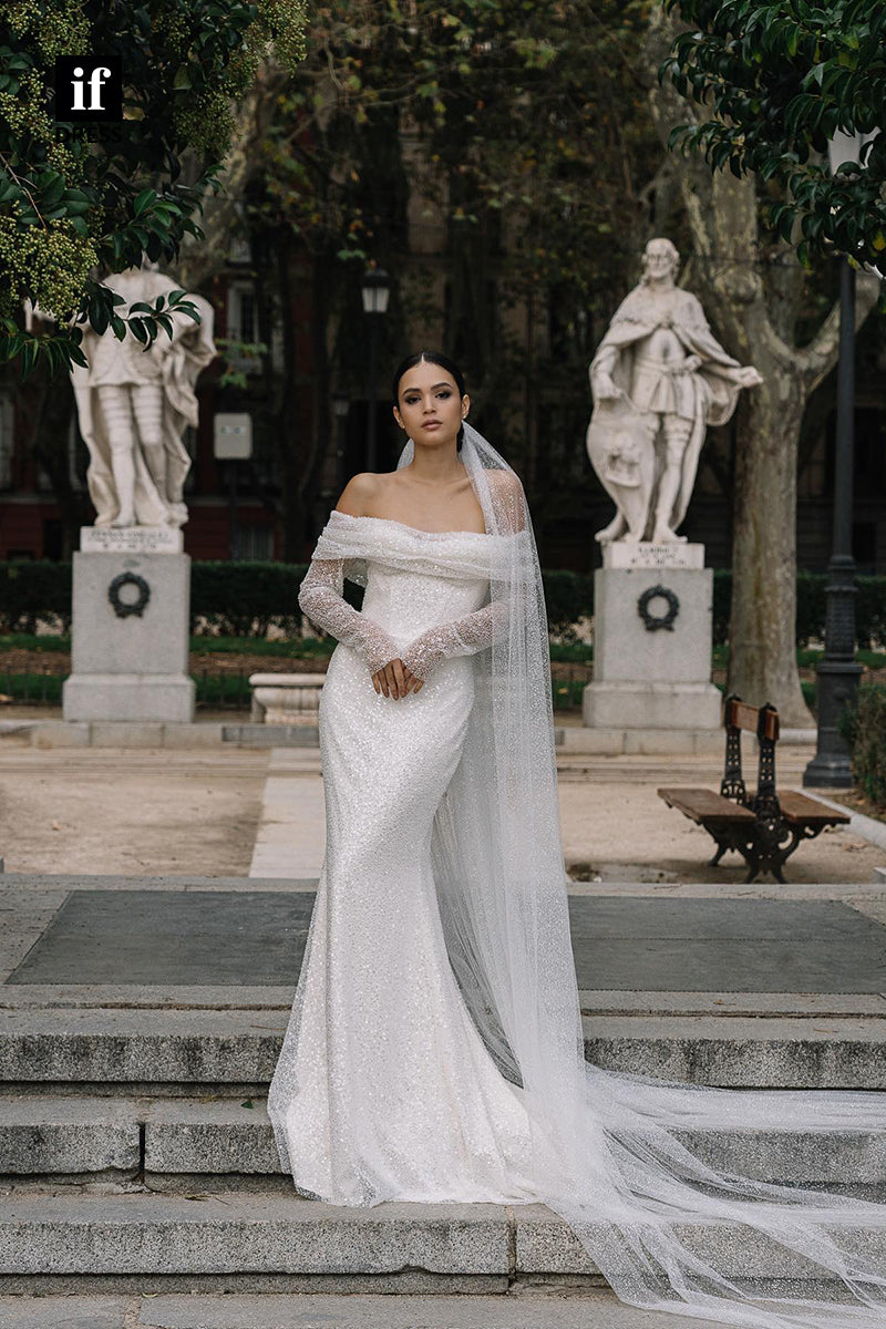 31524 - Romantic Off-Shoulder Scoop Long Sleeves Sequins Tulle Wedding Dress
