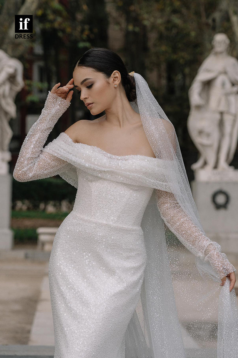 31524 - Romantic Off-Shoulder Scoop Long Sleeves Sequins Tulle Wedding Dress