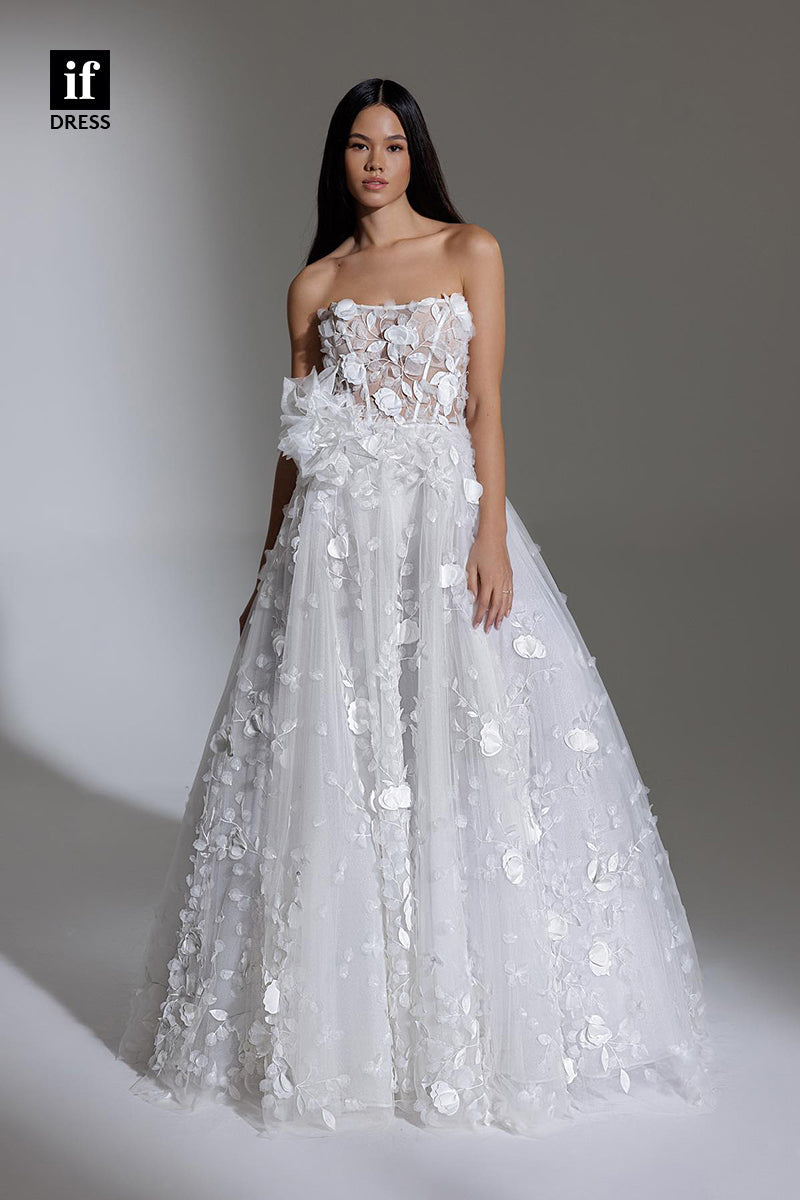 31525 - Attractive A-Line Off-Shoulder Long Sleeves Appliques Tulle Wedding Dress