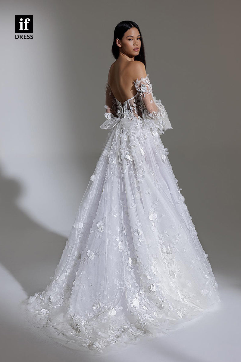 31525 - Attractive A-Line Off-Shoulder Long Sleeves Appliques Tulle Wedding Dress