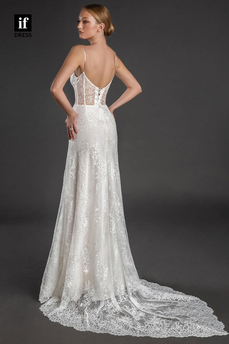 31526 - Sexy Spaghetti Straps V-Neck Beaded Sparkly Wedding Dress