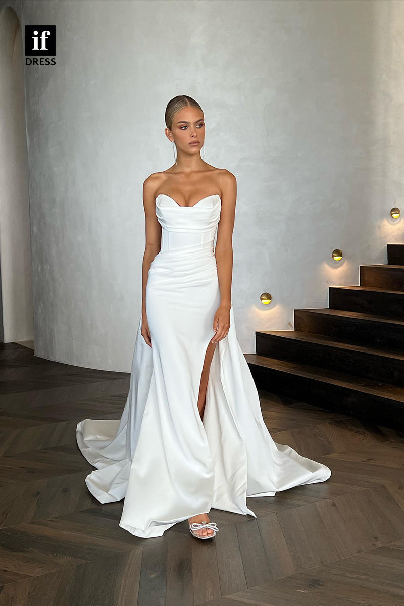 31527 - Classic Off-Shoulder Pleats Side Split Satin Beach Wedding Dress