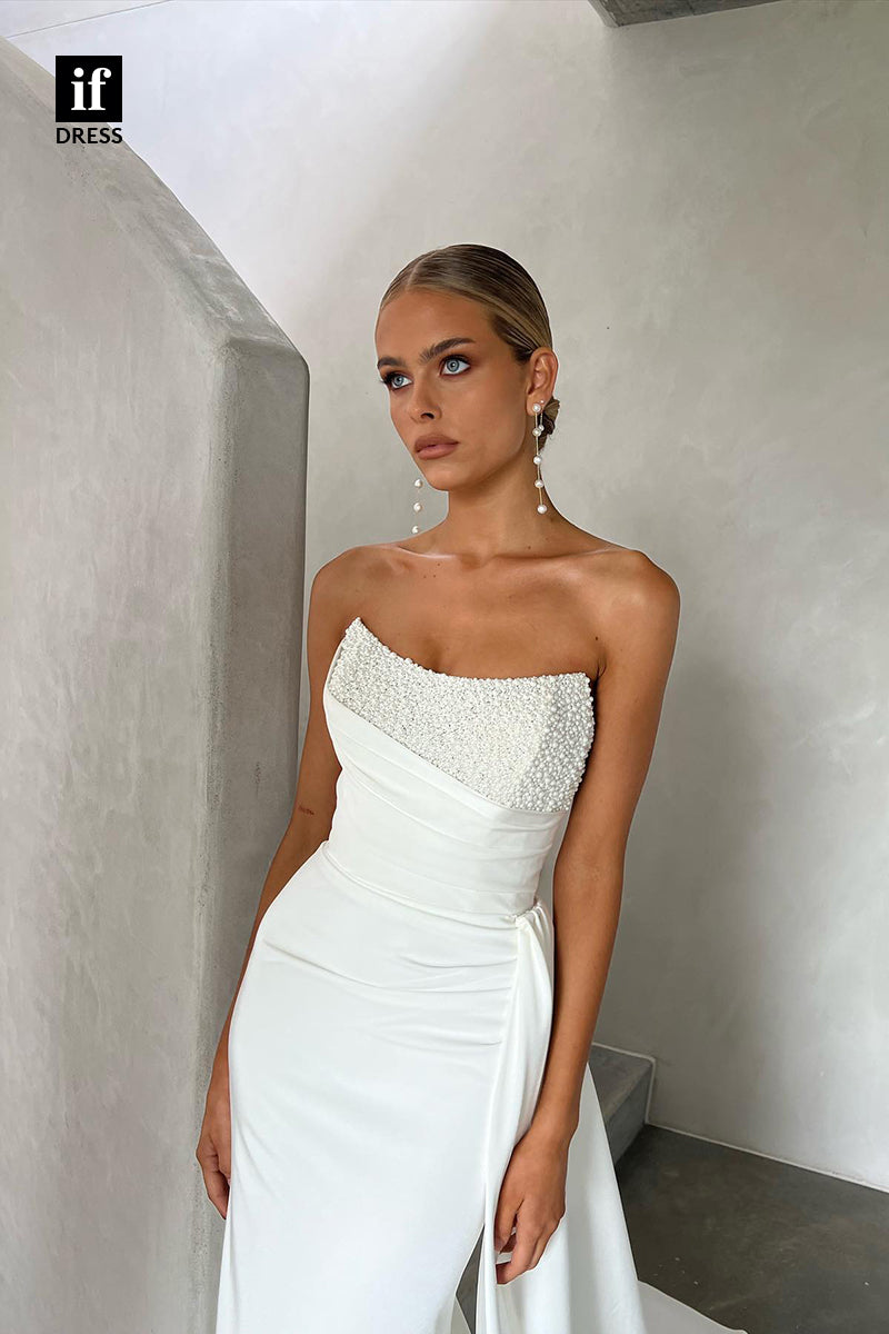31528 - Charming Off-Shoulder Sleeveless Scoop Pleats Beaded Wedding Dress