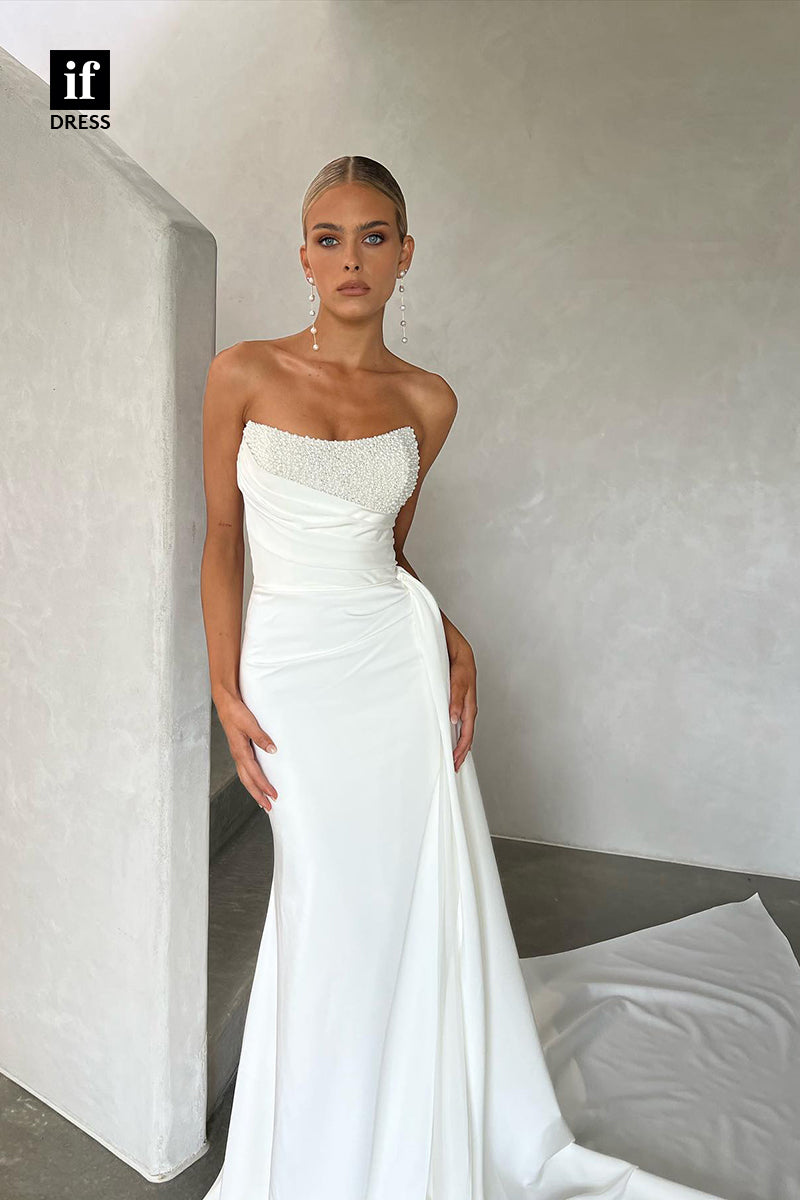 31528 - Charming Off-Shoulder Sleeveless Scoop Pleats Beaded Wedding Dress