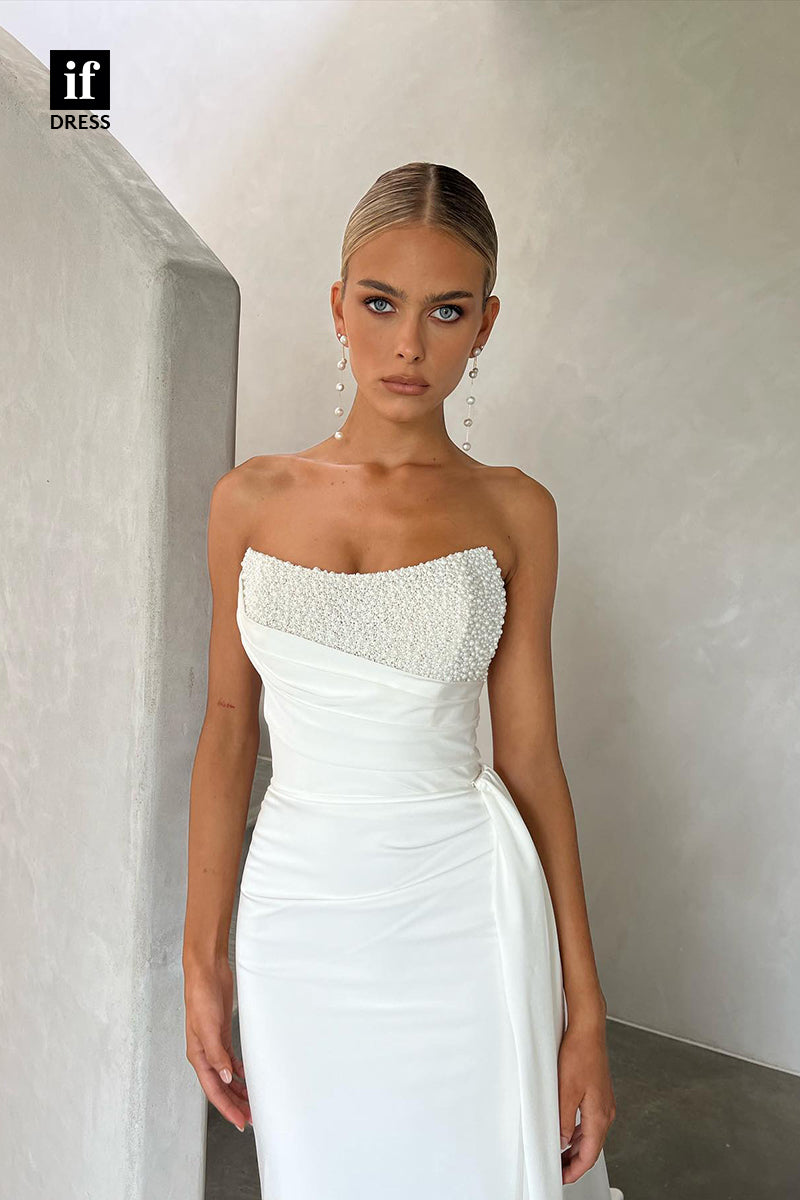 31528 - Charming Off-Shoulder Sleeveless Scoop Pleats Beaded Wedding Dress